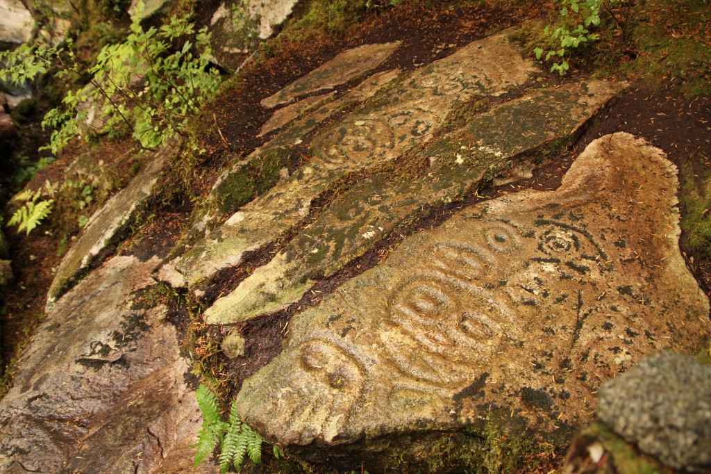 Intricate carvings in a set of stone stairs in the forest.