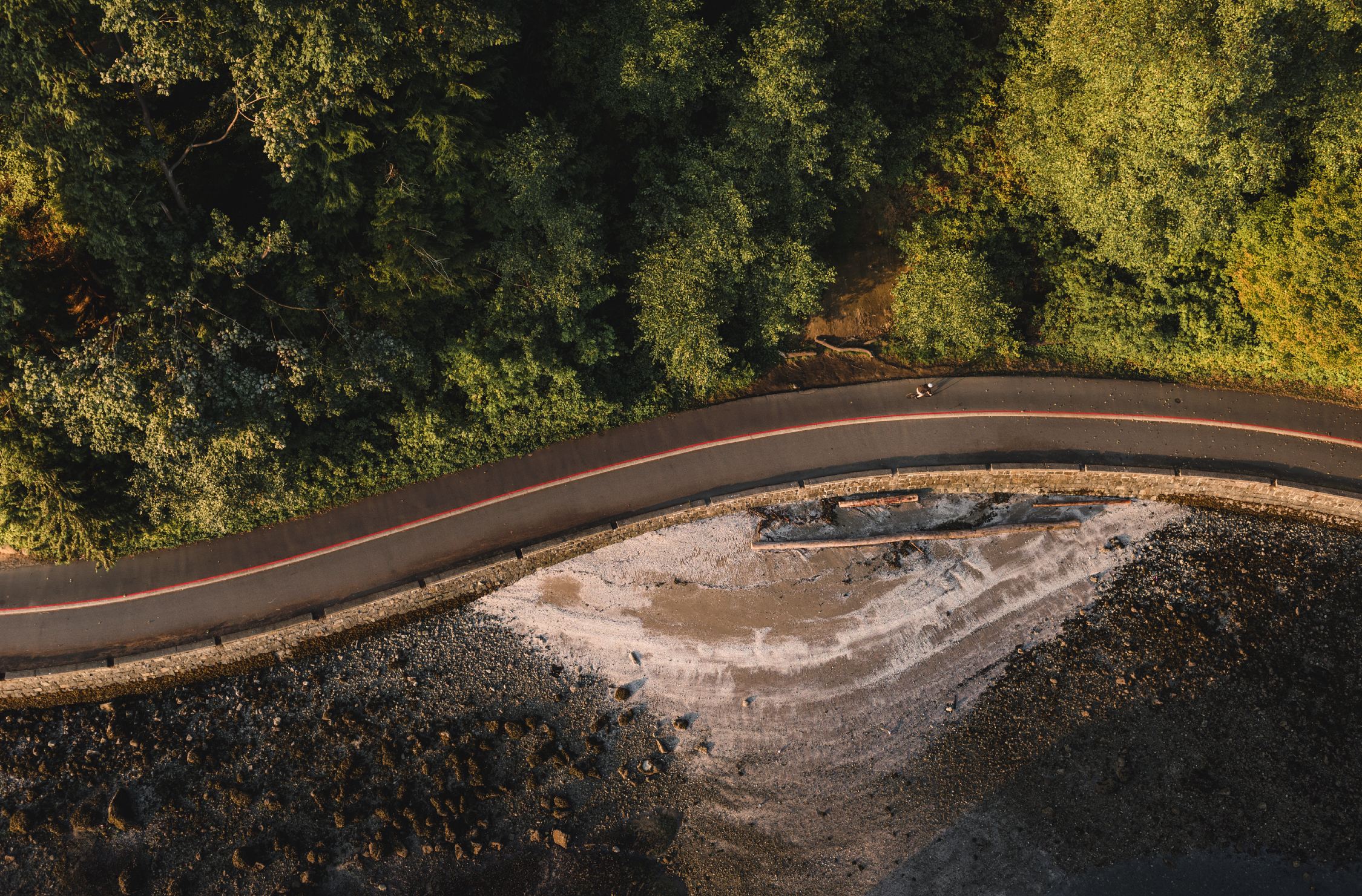 Aerial photo of the Stanley Park Seawall. No pedestrians in the shot.