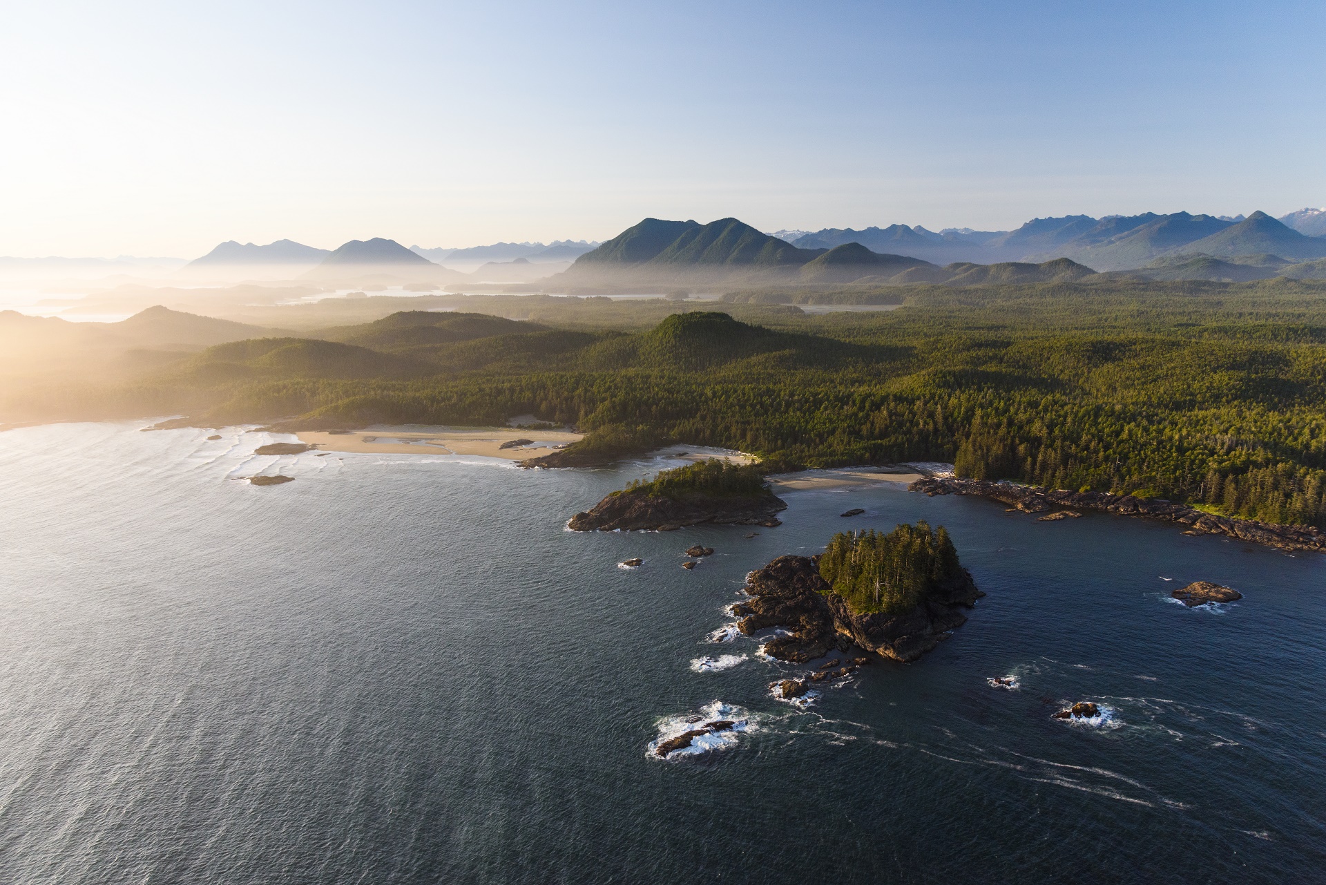 Aerial of the coastline of Pacific Rim National Park, near Tofino.